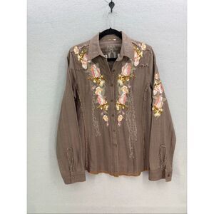 The Pyramid Collection Womens Brown Embroidered Floral Button Down Shirt Top XL